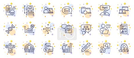 Illustration for Outline set of Messenger, Fake review and Chemistry dna line icons for web app. Include Brand contract, Inspect, Clipboard pictogram icons. Outsource work, House dimension. Vector - Royalty Free Image
