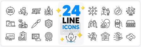 Illustration for Icons set of Photo cloud, Time management and App settings line icons pack for app with Fireworks stars, Parking, Discounts cart thin outline icon. Dice, Face cream, Cloud share pictogram. Vector - Royalty Free Image