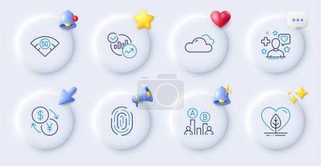 Illustration for Statistics, Patient and Currency exchange line icons. Buttons with 3d bell, chat speech, cursor. Pack of 5g wifi, Local grown, Fingerprint icon. Cloudy weather, Ab testing pictogram. Vector - Royalty Free Image