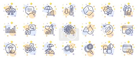 Illustration for Outline set of Fake news, Dice and Transform line icons for web app. Include Puzzle, Risk management, Seo gear pictogram icons. Gears, Waterproof, Covid virus signs. Recovery tool. Vector - Royalty Free Image