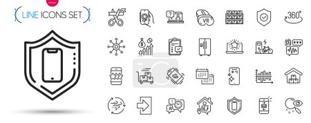 Illustration for Pack of Smartphone clean, Search and Faq line icons. Include Star, Time management, Refrigerator pictogram icons. Electric bike, Calendar, Award app signs. Storage, Cut ribbon, Call center. Vector - Royalty Free Image