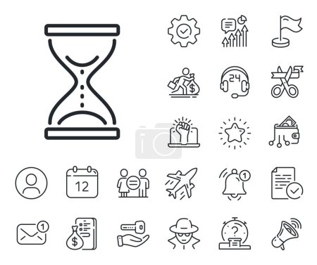 Illustration for Sand watch sign. Salaryman, gender equality and alert bell outline icons. Time hourglass line icon. Time hourglass line sign. Spy or profile placeholder icon. Online support, strike. Vector - Royalty Free Image