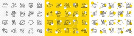Illustration for Outline Video conference, Teamwork and Decreasing graph line icons pack for web with Timer, Work home, Music making line icon. Power certificate, Loud sound, Check investment pictogram icon. Vector - Royalty Free Image
