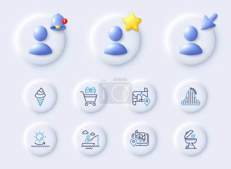 Illustration for Boat fishing, Gps and Sun protection line icons. Placeholder with 3d cursor, bell, star. Pack of Grill, Map, Shopping trolley icon. Roller coaster, Ice cream pictogram. For web app, printing. Vector - Royalty Free Image