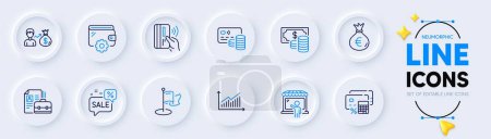 Illustration for Milestone, Market seller and Vacancy line icons for web app. Pack of Discounts bubble, Money bag, Graph pictogram icons. Salary, Coins banknote, Contactless payment signs. Wallet, Card. Vector - Royalty Free Image