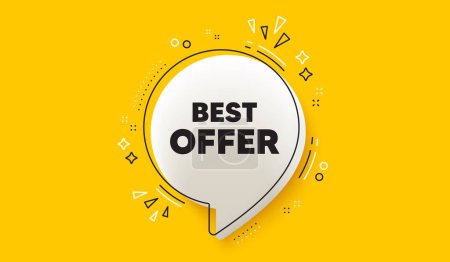 Illustration for Best offer tag. 3d speech bubble yellow banner. Special price Sale sign. Advertising Discounts symbol. Best offer chat speech bubble message. Talk box infographics. Vector - Royalty Free Image