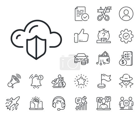 Illustration for Internet data storage sign. Salaryman, gender equality and alert bell outline icons. Cloud computing protection line icon. File hosting technology symbol. Cloud protection line sign. Vector - Royalty Free Image