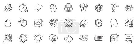 Illustration for Icons pack as Noise, Cloud communication and Medical flight line icons for app include Safe time, Stress, Sunny weather outline thin icon web set. Chemical formula, Electricity bulb. Vector - Royalty Free Image