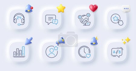 Illustration for Best friend, Ab testing and Video conference line icons. Buttons with 3d bell, chat speech, cursor. Pack of Graph chart, Consulting, Dating icon. Loyalty star, Comment pictogram. Vector - Royalty Free Image