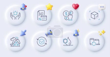 Illustration for Augmented reality, Realtor and Approved line icons. Buttons with 3d bell, chat speech, cursor. Pack of Money currency, Waterproof, Ranking icon. Recovery devices, Calendar tax pictogram. Vector - Royalty Free Image