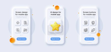 Illustration for Global business, Discount button and Shower line icons pack. 3d phone mockups with star. Glass smartphone screen. Star rating, Shield, Time management web icon. Vector - Royalty Free Image