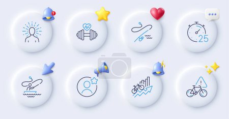 Illustration for Boat fishing, Dumbbell and Bike attention line icons. Buttons with 3d bell, chat speech, cursor. Pack of Training results, Fishing rod, Yoga icon. Timer, Best friend pictogram. Vector - Royalty Free Image