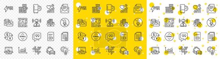 Illustration for Outline Financial documents, Quote bubble and Inventory line icons pack for web with Currency exchange, Loan house, Idea gear line icon. No microphone, Maze attention. Vector - Royalty Free Image