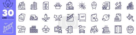 Illustration for Skyscraper buildings, Return package and Paint roller line icons pack. Packing boxes, Entrance, Eco power web icon. Buildings, Technical info, Open door pictogram. Intersection arrows. Vector - Royalty Free Image