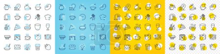 Illustration for Vector icons set of Burger, Grill basket and Ice cream line icons pack for web with Porridge, Coffee cup, Grill place outline icon. Pizza, Food delivery, Food time pictogram. Vector - Royalty Free Image