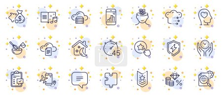 Illustration for Outline set of File storage, Cloud server and Puzzle line icons for web app. Include Loyalty star, Checklist, Cooking whisk pictogram icons. Music book, Flights application. Vector - Royalty Free Image