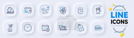 Illustration for Packing things, Online survey and Buying accessory line icons for web app. Pack of Loyalty tags, Food delivery, Medical cleaning pictogram icons. Time, Calendar, Journey signs. Vector - Royalty Free Image