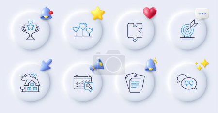 Illustration for Realtor, Documents and Target goal line icons. Buttons with 3d bell, chat speech, cursor. Pack of Spanner, Victory, Puzzle icon. Love heart, Quote bubble pictogram. For web app, printing. Vector - Royalty Free Image