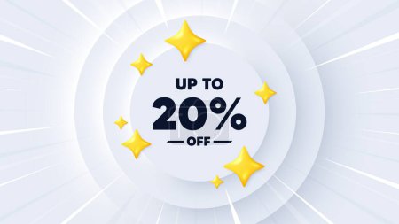 Illustration for Up to 20 percent off sale. Neumorphic banner with sunburst. Discount offer price sign. Special offer symbol. Save 20 percentages. Discount tag message. Banner with 3d stars. Vector - Royalty Free Image