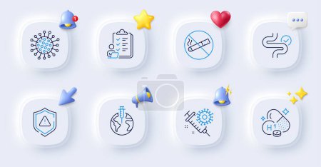 Illustration for Vitamin h1, Coronavirus and Pandemic vaccine line icons. Buttons with 3d bell, chat speech, cursor. Pack of Digestion, Checklist, Coronavirus vaccine icon. Shield, No smoking pictogram. Vector - Royalty Free Image