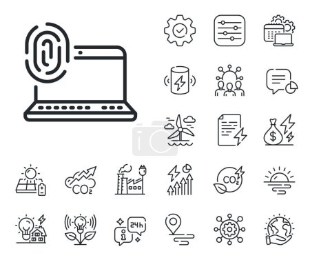 Illustration for Finger print scan sign. Energy, Co2 exhaust and solar panel outline icons. Computer fingerprint line icon. Biometric identity symbol. Computer fingerprint line sign. Vector - Royalty Free Image