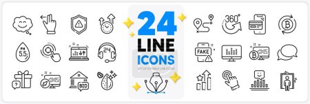 Illustration for Icons set of Ph neutral, Cursor and Music making line icons pack for app with Sound check, Dirty water, Fake news thin outline icon. Online shopping, Shield, Bitcoin system pictogram. Vector - Royalty Free Image