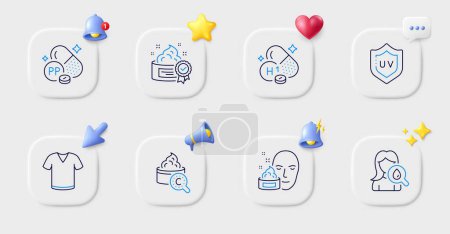 Illustration for Niacin, Collagen skin and Cream line icons. Buttons with 3d bell, chat speech, cursor. Pack of Uv protection, Vitamin h1, Moisturizing cream icon. T-shirt pictogram. For web app, printing. Vector - Royalty Free Image