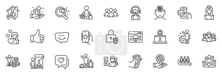 Illustration for Icons pack as Hospital nurse, Support and Anxiety line icons for app include Safe planet, Video conference, Buyer outline thin icon web set. Heart, Messenger mail, Cyber attack pictogram. Vector - Royalty Free Image