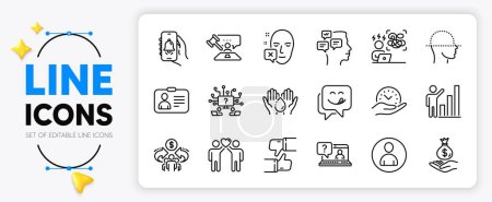 Illustration for Sharing economy, Difficult stress and Messages line icons set for app include Id card, Graph chart, Safe time outline thin icon. Like, Income money, Friends couple pictogram icon. Vector - Royalty Free Image