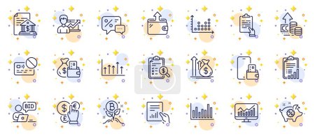 Illustration for Outline set of Success business, Accounting report and Change money line icons for web app. Include Inflation, Card, Growth chart pictogram icons. Discounts, Wallet, Money currency signs. Vector - Royalty Free Image