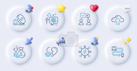 Illustration for Gas price, Cloud upload and Stress grows line icons. Buttons with 3d bell, chat speech, cursor. Pack of Power, Delivery service, People voting icon. Deflation, Divorce lawyer pictogram. Vector - Royalty Free Image