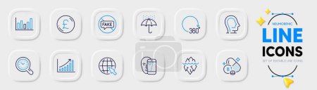 Illustration for Internet, Waterproof umbrella and Column chart line icons for web app. Pack of 360 degrees, Face biometrics, Fake news pictogram icons. Time management, Iceberg, Pound money signs. Vector - Royalty Free Image