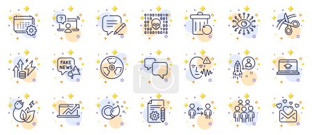 Illustration for Outline set of Documentation, Group people and Calendar line icons for web app. Include Sales diagram, Write, Fake news pictogram icons. Startup, Scissors, Speech bubble signs. Vector - Royalty Free Image
