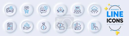 Illustration for Fraud, Payment card and Auction line icons for web app. Pack of Money bag, New, Business targeting pictogram icons. Growth chart, Car leasing, Vip shopping signs. Difficult stress. Vector - Royalty Free Image