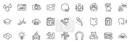 Illustration for Icons pack as Talk, Growth chart and Puzzle line icons for app include Stress, Car charging, New message outline thin icon web set. Graduation cap, Vaccine announcement, Web timer pictogram. Vector - Royalty Free Image