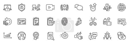 Illustration for Icons pack as Globe, Cut and Ranking line icons for app include Electricity plug, Time management, Timer outline thin icon web set. Messenger, Fingerprint, Web report pictogram. Vr. Vector - Royalty Free Image