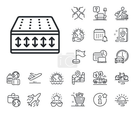 Illustration for Orthopedic flexible pad sign. Plane jet, travel map and baggage claim outline icons. Mattress line icon. Breathable sleep bed symbol. Flexible mattress line sign. Vector - Royalty Free Image