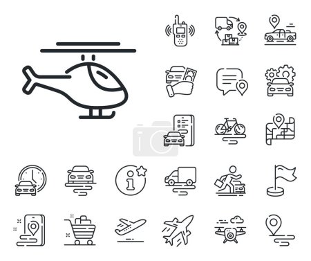Illustration for Flight transportation sign. Plane, supply chain and place location outline icons. Helicopter transport line icon. Helicopter line sign. Taxi transport, rent a bike icon. Travel map. Vector - Royalty Free Image