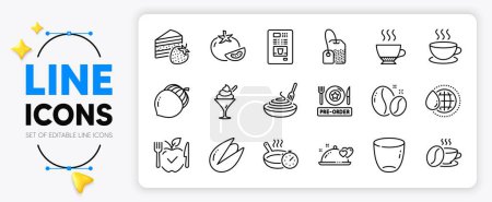 Illustration for Acorn, World water and Pasta dish line icons set for app include Pistachio nut, Coffee cup, Cappuccino outline thin icon. Espresso, Pre-order food, Coffee vending pictogram icon. Vector - Royalty Free Image