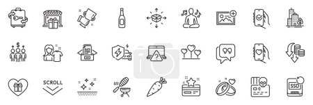 Illustration for Icons pack as Fish grill, Yoga music and Loyalty card line icons for app include Skyscraper buildings, Dating app, Winner cup outline thin icon web set. Scroll down, Marriage rings. Vector - Royalty Free Image