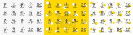 Ilustración de Searchlight torre con gaviota para la navegación marítima de los buques. Iconos de la línea del faro. Faros de mar, faro o iconos de baliza. Ondas oceánicas, edificio náutico, casa marina. Vector - Imagen libre de derechos