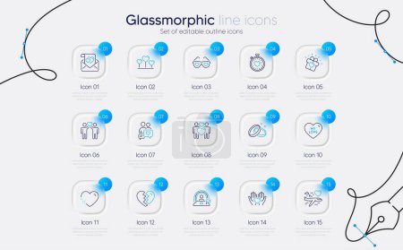 Illustration for Set of Wedding rings, My love and Love glasses line icons for web app. Heart, Heartbeat timer, Break up icons. Lgbt, Dating chat, Honeymoon travel signs. Hold heart, Friends couple. Vector - Royalty Free Image