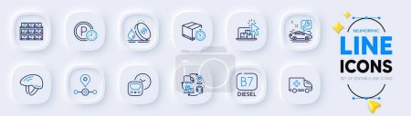 Illustration for Delivery timer, Supply chain and Online storage line icons for web app. Pack of Boxes shelf, Fuel price, Station pictogram icons. Metro, Parking time, Ambulance emergency signs. Diesel. Vector - Royalty Free Image