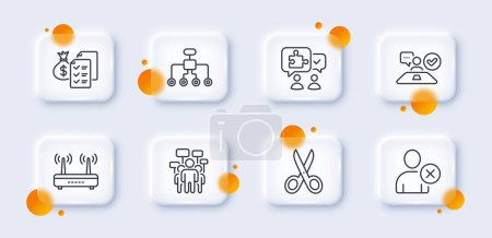 Illustration for Job interview, Wifi and Puzzle line icons pack. 3d glass buttons with blurred circles. Delete user, Accounting wealth, Cut web icon. Restructuring, Voting campaign pictogram. Vector - Royalty Free Image