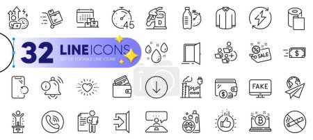 Illustration for Outline set of Delivery calendar, Diesel station and Call center line icons for web with No smoking, Bitcoin, Winner podium thin icon. Fitness water, Interview job, Heart pictogram icon. Vector - Royalty Free Image