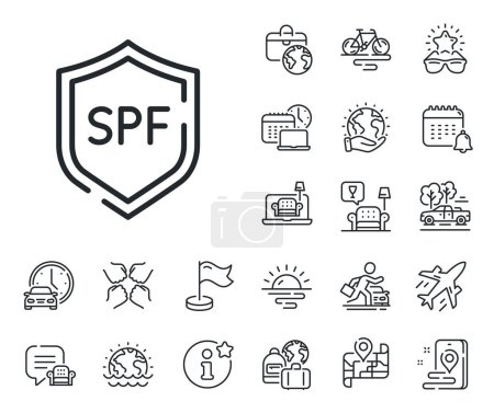 Illustration for Sun protect sign. Plane jet, travel map and baggage claim outline icons. Spf protection line icon. Sunscreen effect symbol. Spf protection line sign. Car rental, taxi transport icon. Vector - Royalty Free Image