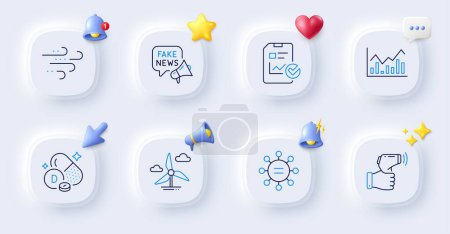 Illustration for Ethics, Fake news and Report checklist line icons. Buttons with 3d bell, chat speech, cursor. Pack of Infochart, Electronic thermometer, Windy weather icon. Vector - Royalty Free Image
