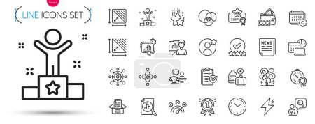 Illustration for Pack of Vip certificate, Money wallet and Fake news line icons. Include Difficult stress, Square area, Survey checklist pictogram icons. Calendar, Documents box, Ranking stars signs. Vector - Royalty Free Image