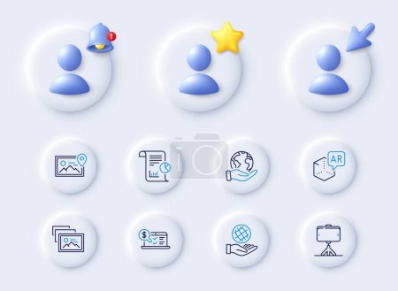 Illustration for Online accounting, Safe planet and Selfie stick line icons. Placeholder with 3d cursor, bell, star. Pack of Photo location, Photo album, Report icon. Augmented reality, Save planet pictogram. Vector - Royalty Free Image