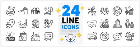 Illustration for Icons set of Fish grill, Delivery and Grill place line icons pack for app with Sleep, Smile chat, Roller coaster thin outline icon. Baggage, Hold heart, Holiday presents pictogram. Vector - Royalty Free Image